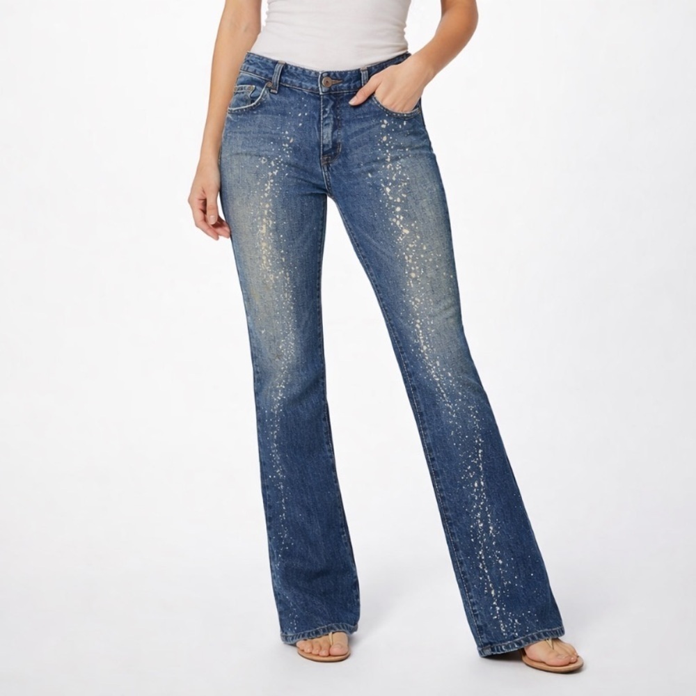 Billabong Medium Wash Bleach Splatter High Rise Y2K Grunge Wide Leg Jeans *11/12
